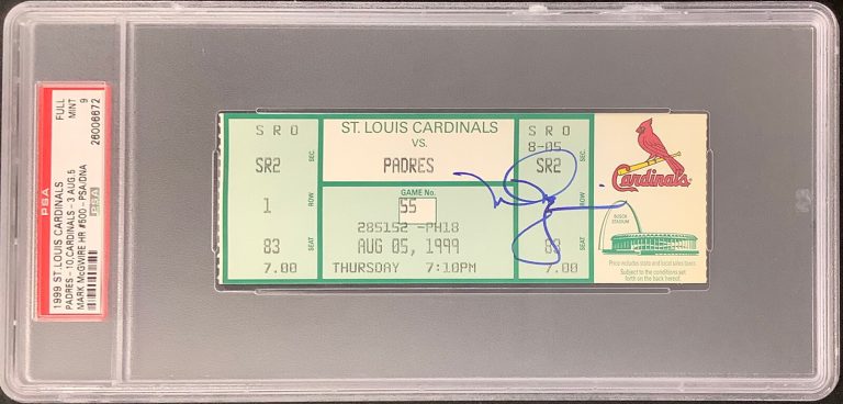 Mark McGwire Signed Full Ticket 8/5/99 500 Home Run Autograph PSA/DNA Tix Mint 9
