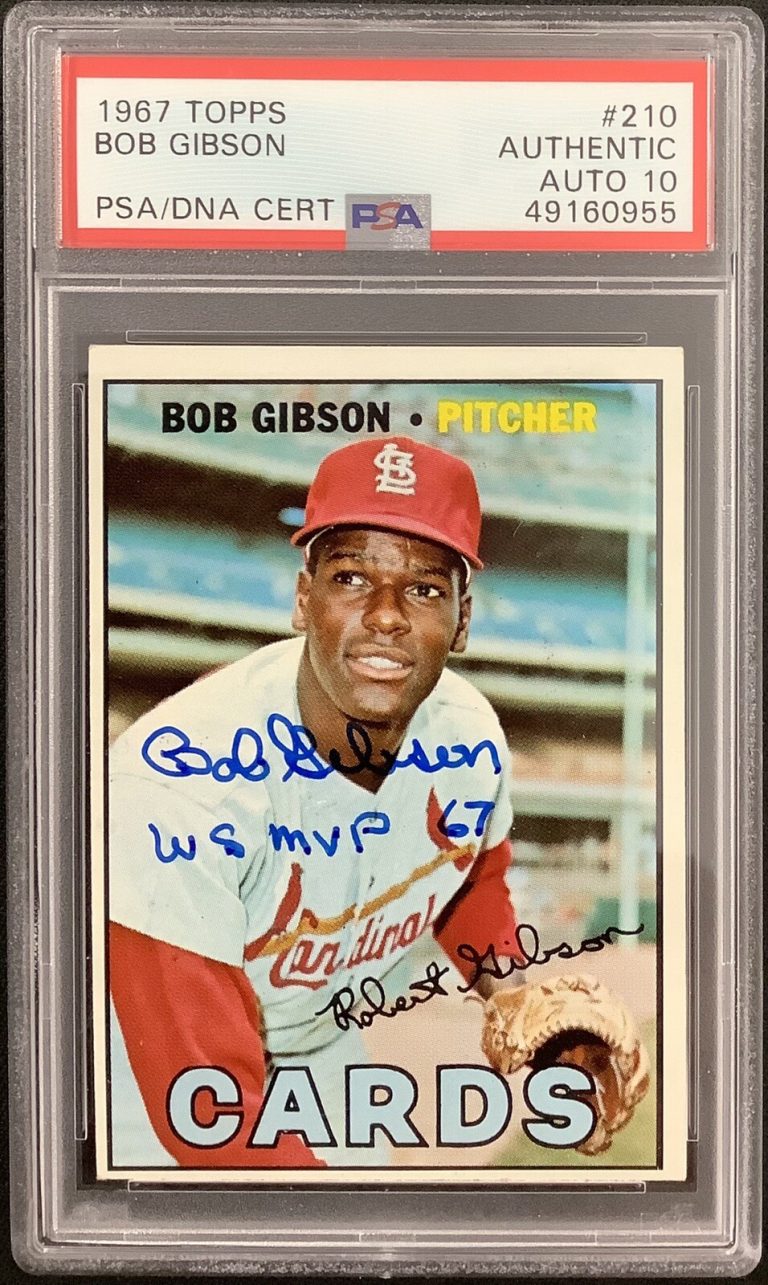 Bob Gibson Signed 1967 Topps #210 Card WSMVP 67 Inscription PSA/DNA Autograph 10