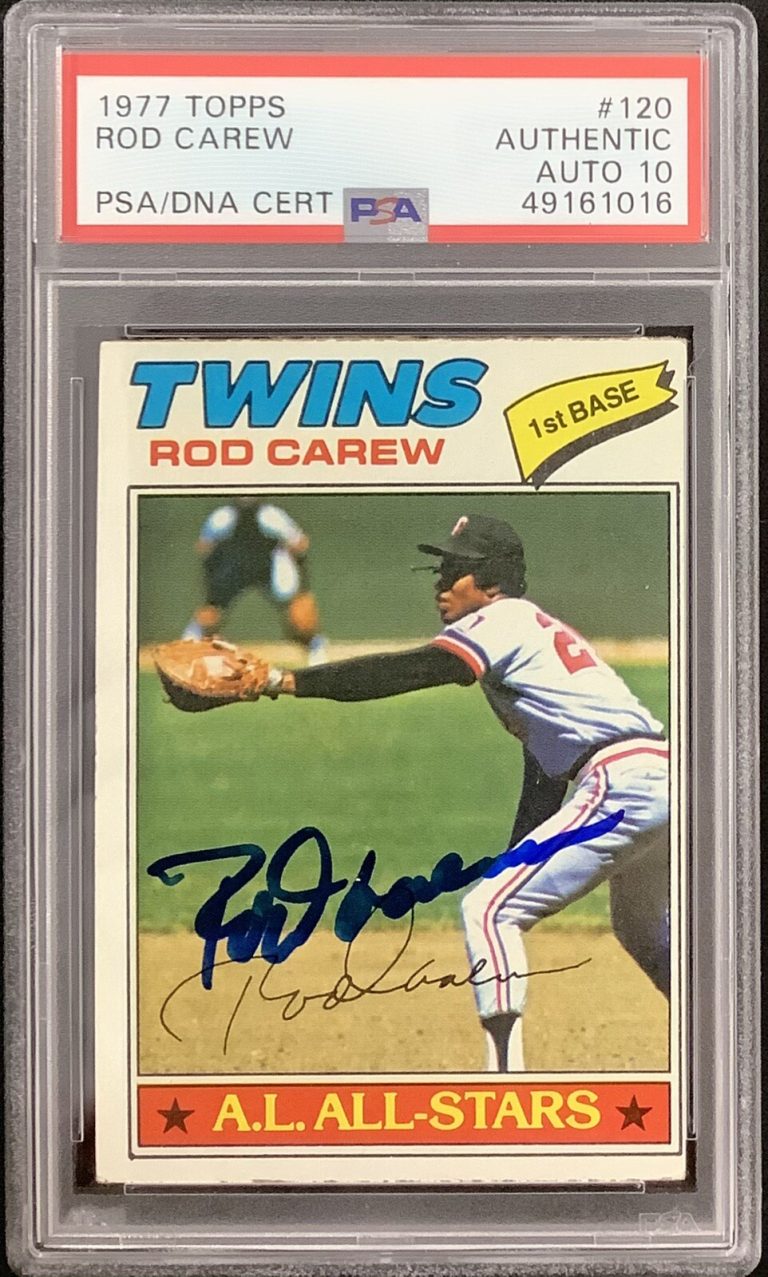 Rod Carew Signed 1977 Topps #120 Baseball Card Twins HOF PSA/DNA Autograph 10