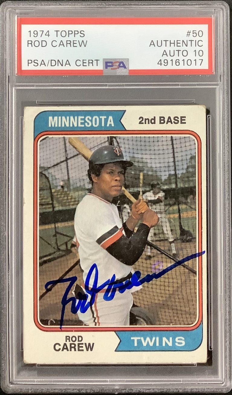 Rod Carew Signed 1974 Topps #50 Baseball Card Twins HOF PSA/DNA Autograph 10