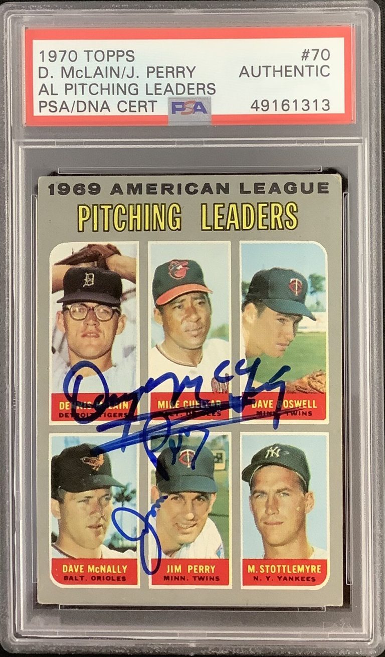 Denny McLain Signed 1970 Topps #70 Baseball Card + Jim Perry Autograph PSA/DNA