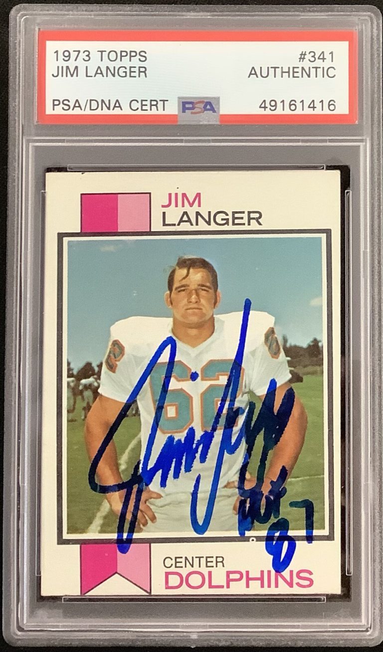Jim Langer Signed 1973 Topps #341 Football Card Autograph HOF 87 Inscr PSA/DNA