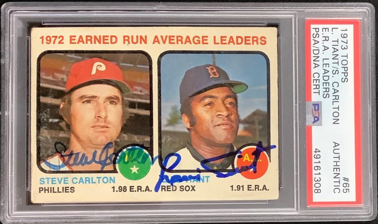 Steve Carlton Signed 1973 Topps #65 Baseball Card + Luis Tiant Autograph PSA/DNA