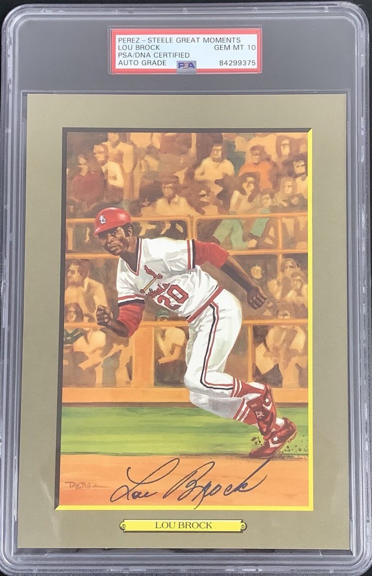 Lou Brock Signed Perez Steele Great Moments Postcard Cardinals PSA/DNA Auto 10