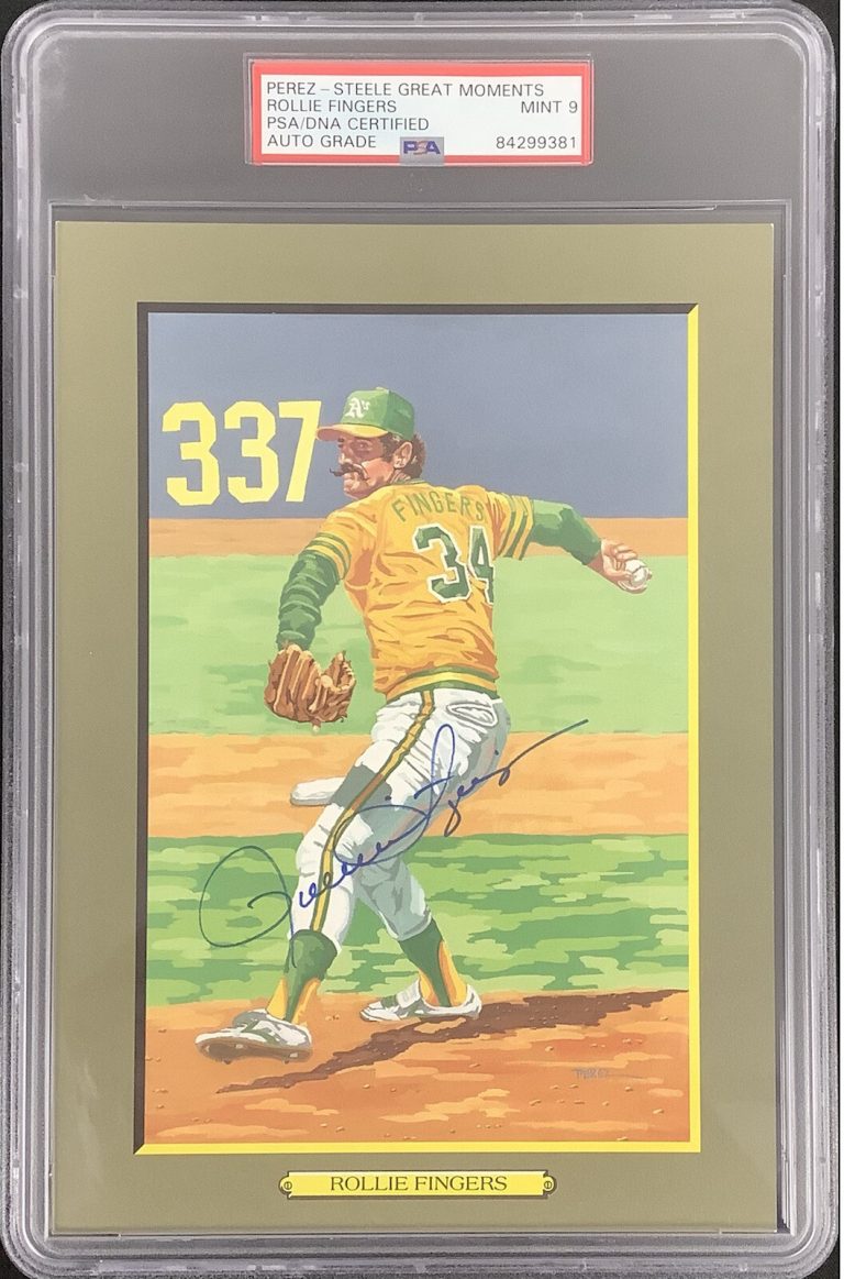 Rollie Fingers Signed Perez Steele Great Moments Postcard Oakland PSA/DNA Auto 9