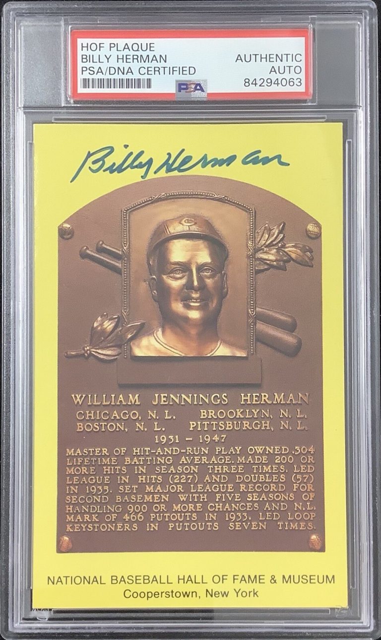 Billy Herman Signed Gold Plaque HOF Postcard Yellow Cubs Autograph PSA/DNA