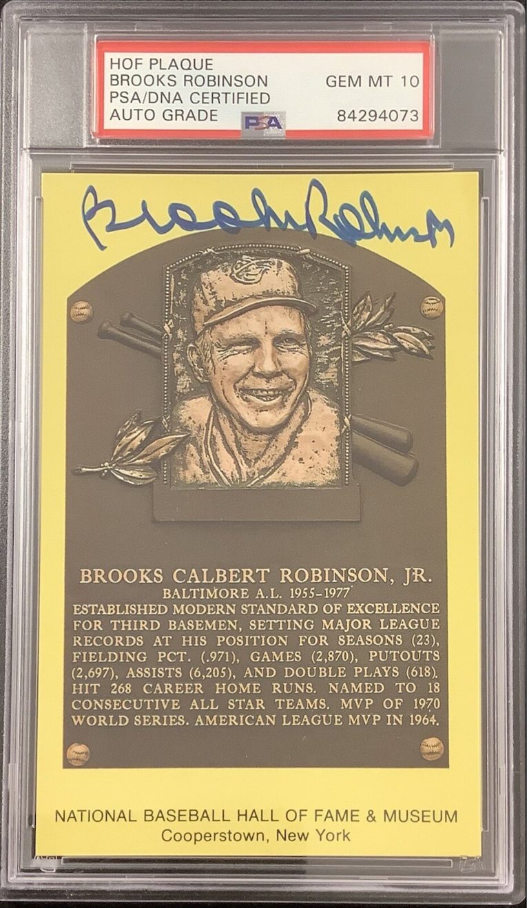 Brooks Robinson Signed Gold Plaque HOF Postcard Yellow PSA/DNA Auto GM Mint 10