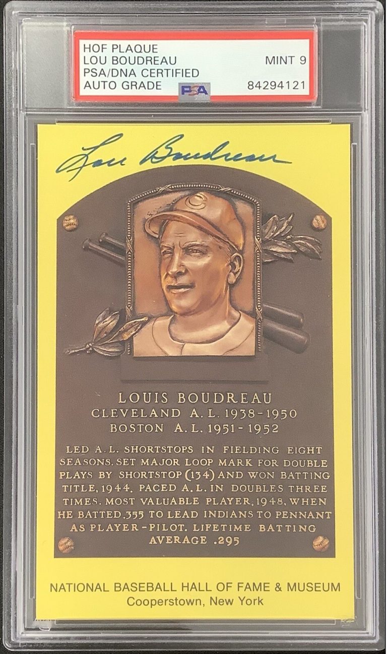 Lou Boudreau Signed Gold Plaque HOF Postcard Yellow Indians PSA/DNA Auto Mint 9