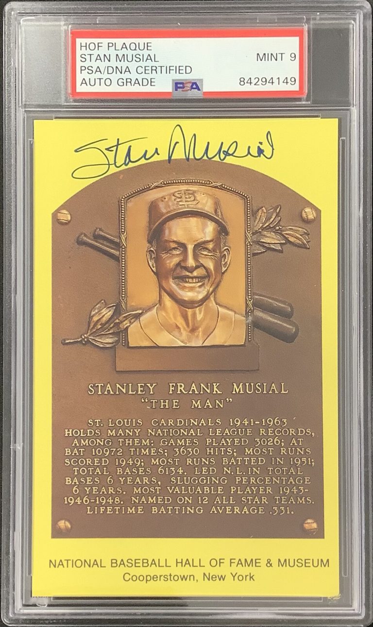 Stan Musial Signed Gold HOF Plaque Postcard Yellow Cardinals PSA/DNA Auto Mint 9
