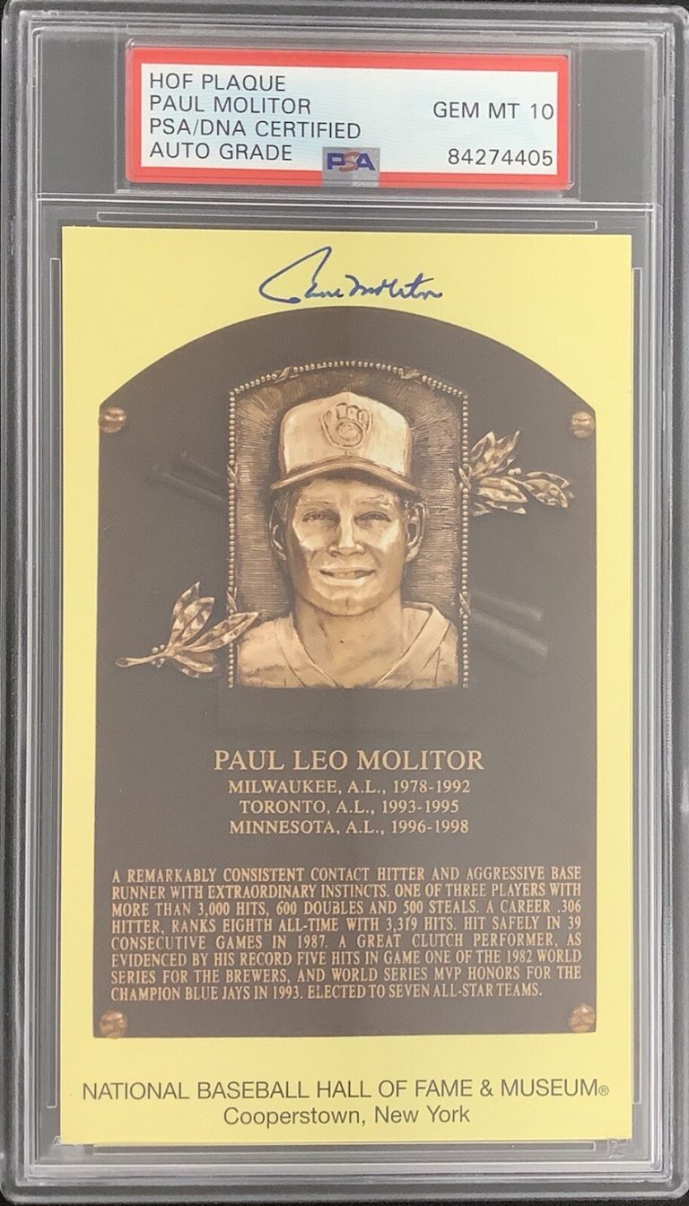 Paul Molitor Signed Gold HOF Plaque Postcard Yellow Brewers PSA/DNA Auto Gem 10