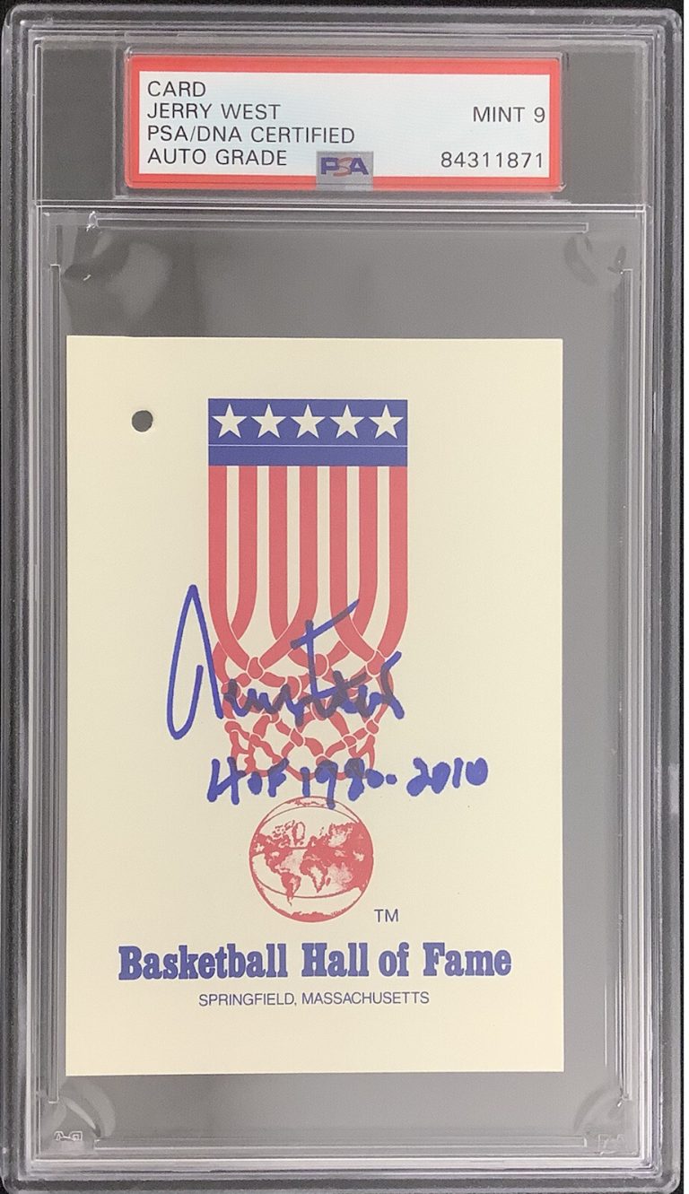 Jerry West Signed Basketball HOF Card Lakers 1980-2010 Inscr PSA/DNA Auto Mint 9