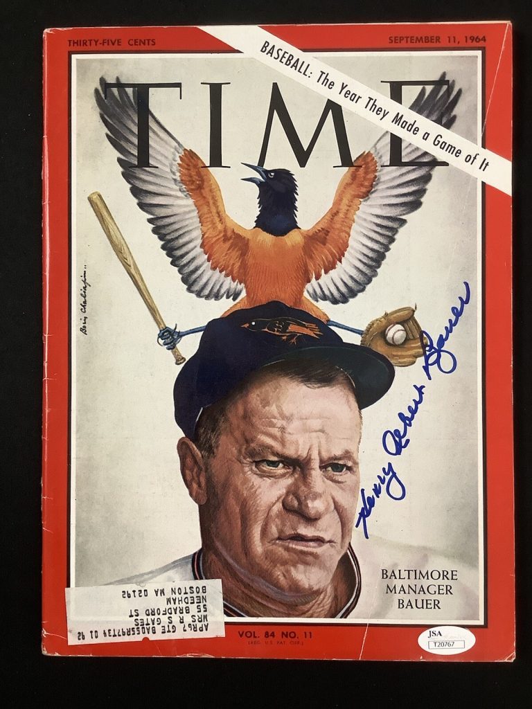 Hank Bauer Signed Time Mag 8/11/64 Baseball Manager Hank Henry Bauer Auto JSA