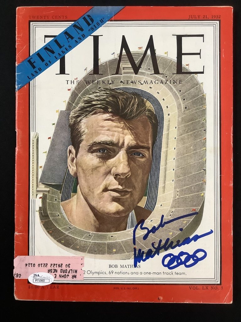 Bob Mathias Signed Time Magazine 7/21/52 Olympic Gold Medalist Autograph JSA
