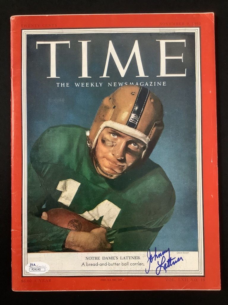 Johnny Lattner Signed Time Magazine 11/9/53 No Label Notre Dame Autograph JSA