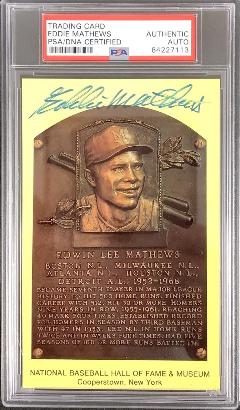 Eddie Mathews Signed Gold Plaque HOF Postcard Yellow Braves Autograph PSA/DNA