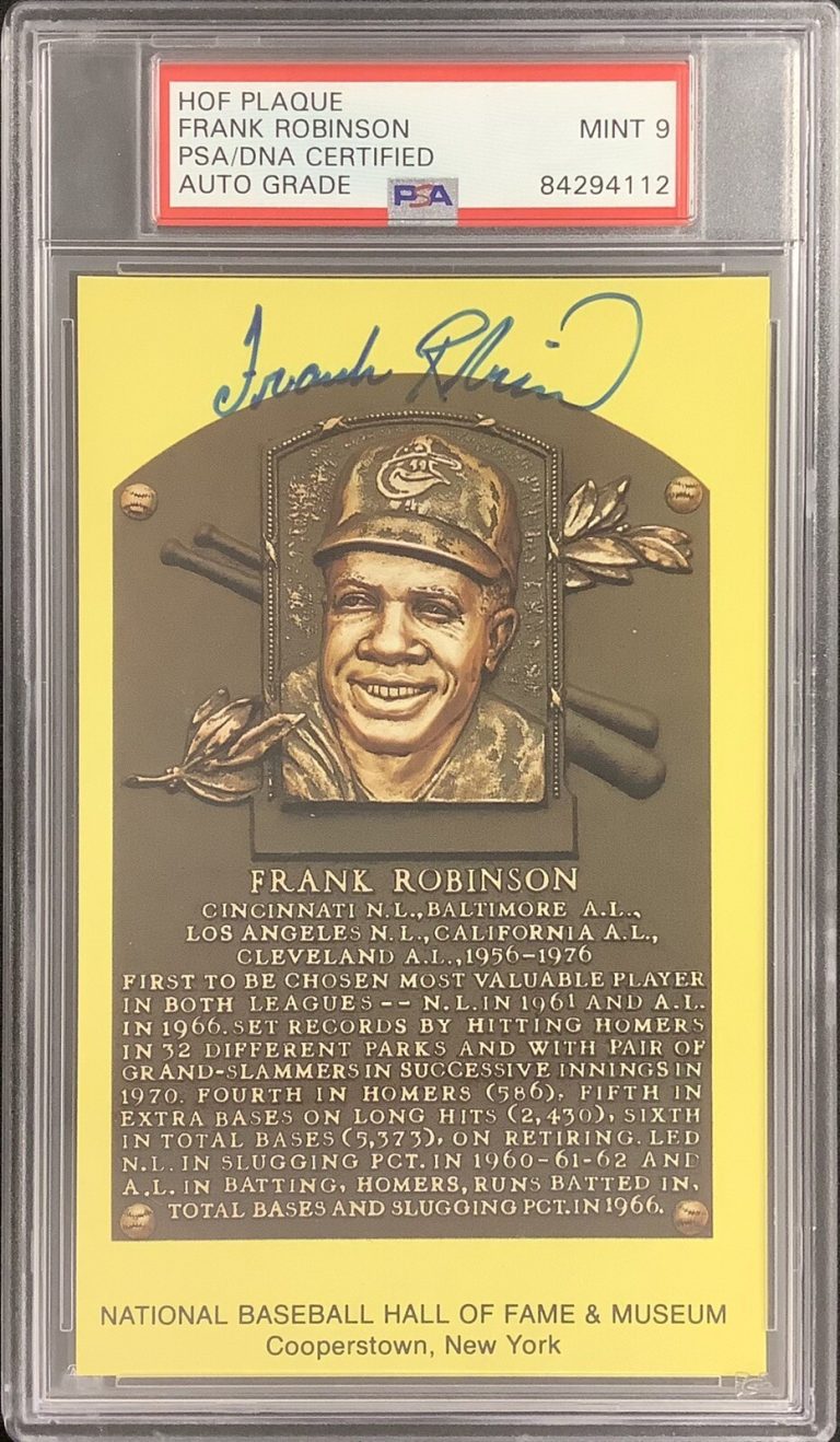 Frank Robinson Signed Gold Plaque HOF Postcard Yellow Orioles PSA/DNA Auto 9