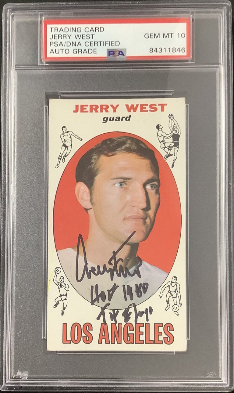 Jerry West Signed 1969 Topps #90 Card Lakers HOF 1980 Logo Insc PSA/DNA Auto 10