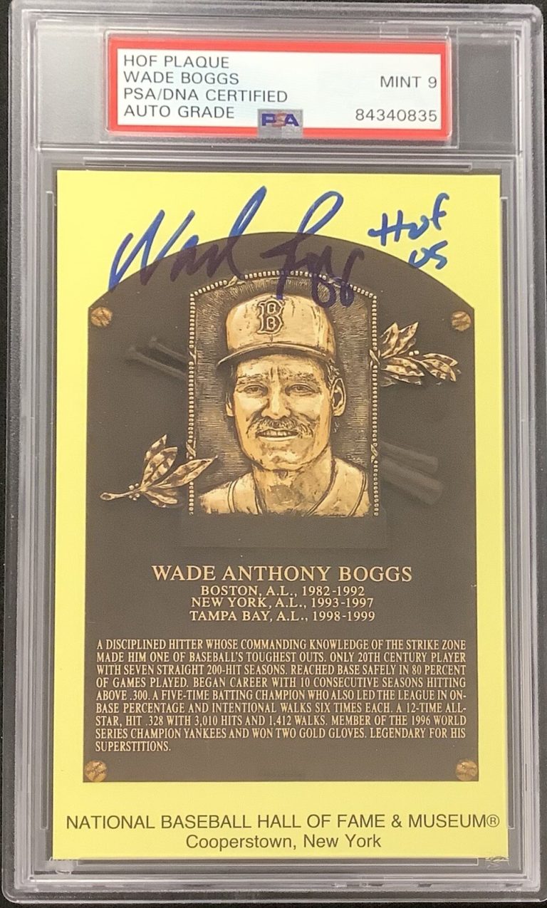 Wade Boggs Signed Gold HOF Plaque Postcard Yellow Red Sox PSA/DNA Auto MINT 9