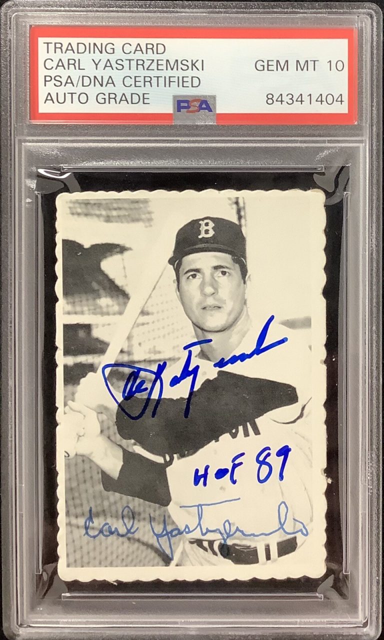 Carl Yastrzemski Signed 1969 Topps Deckle Edge #4 HOF 89 Insc PSA/DNA Auto Gem10