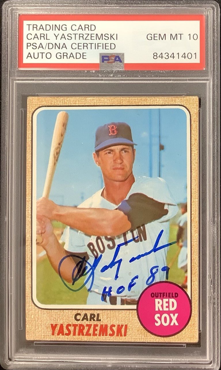 Carl Yastrzemski Signed 1968 Topps #250 Red Sox HOF 89 Inscr PSA/DNA Auto Gem 10