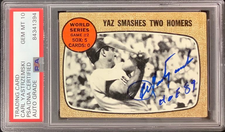 Carl Yastrzemski Signed 1968 Topps #152 Red Sox HOF 89 Inscr PSA/DNA Auto Gem 10