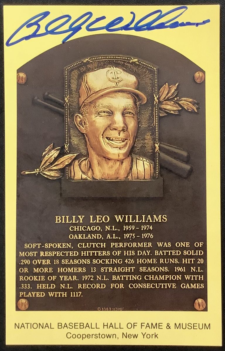 Billy Williams Signed Gold HOF Plaque Postcard Yellow Chicago Cubs Autograph JSA