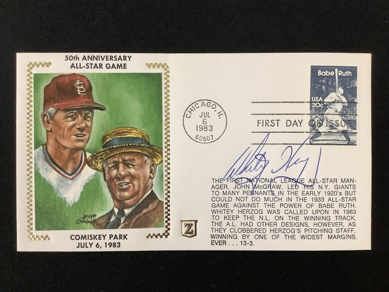 Whitey Herzog Signed Gateway Cachet Z Silk Envelope FDC STL Auto 1983 ASG TPG