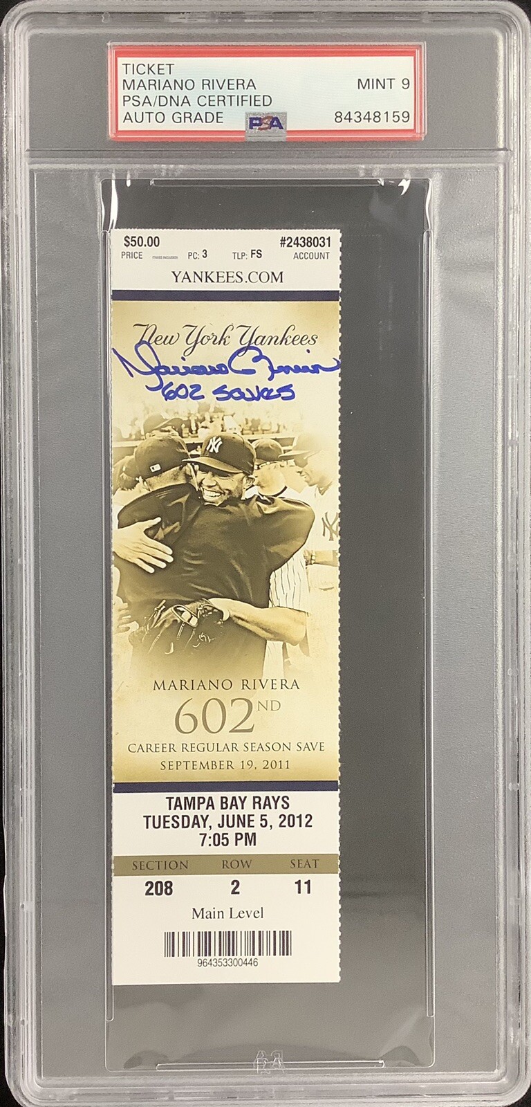 Mariano Rivera Signed Full Ticket 6/5/12 NYY 602 Saves Insc PSA/DNA Auto Mint 9