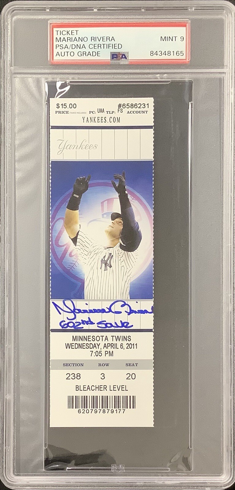 Mariano Rivera Signed Full Ticket 4/6/11 NYY 602nd Save Insc PSA/DNA Auto Mint 9