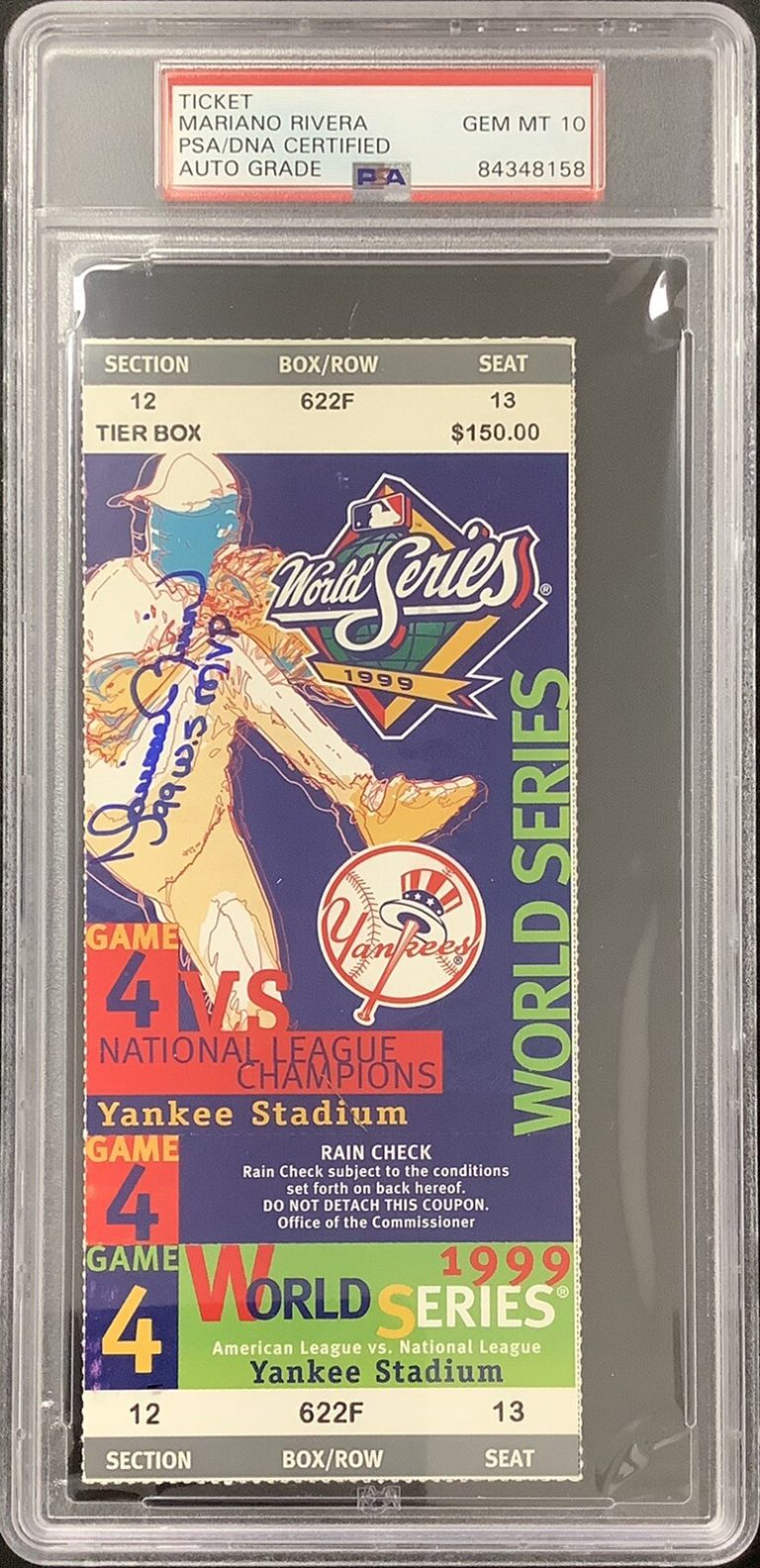 Mariano Rivera Signed Full Ticket 1999 WS Game4 Yankees MVP Insc PSA/DNA Auto 10
