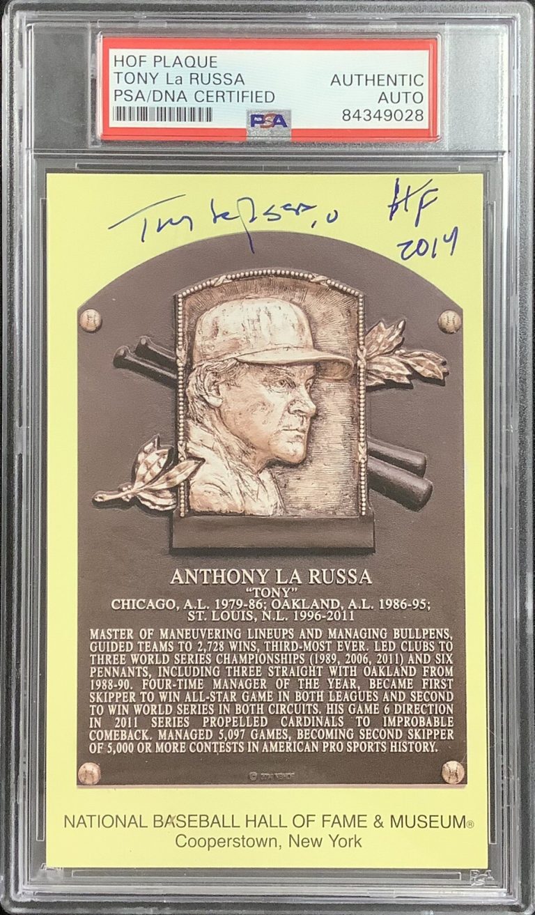 Tony LaRussa Signed Gold HOF Plaque Postcard Yellow Auto HOF 2014 Insc PSA/DNA