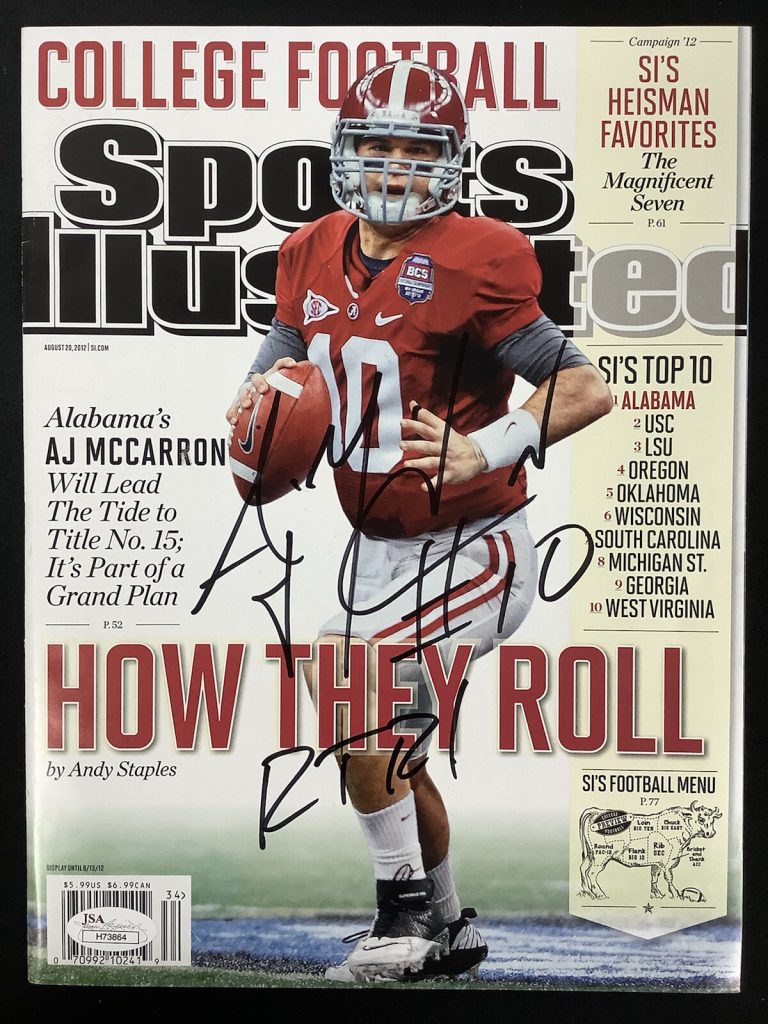 Aj McCarron Sports Illustrated 8/20/12 No Label Roll Tide Roll Football Auto JSA