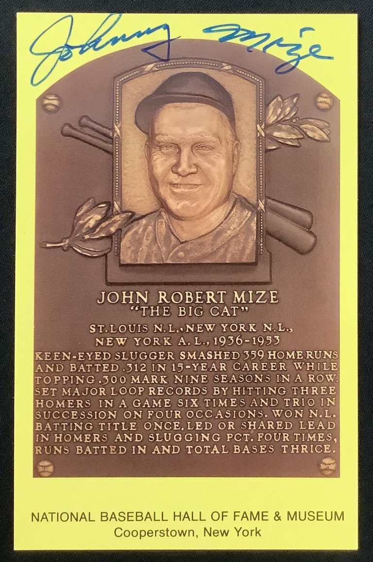 Johnny Mize Signed Gold HOF Plaque Postcard Yellow NY Yankees Jawn Autograph JSA