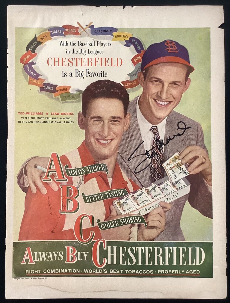 Ted Williams Signed Cigarette Ad Chesterfield 1947 Stan Musial Autograph PSA/DNA