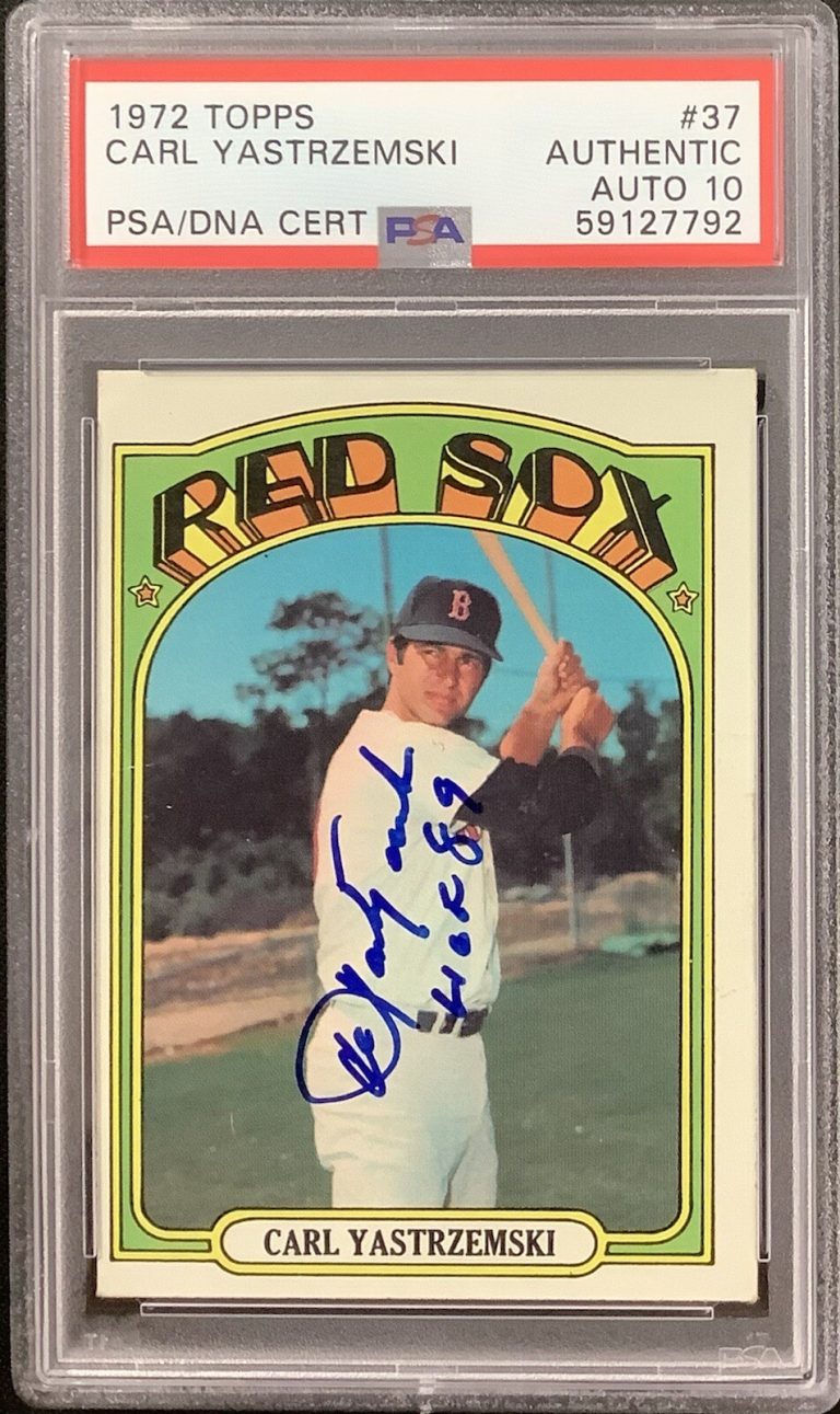 Carl Yastrzemski Signed 1972 Topps #37 Card Red Sox HOF Inscr PSA/DNA Auto 10