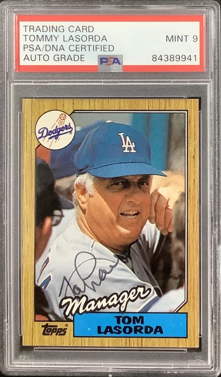 Tom Lasorda Signed 1987 Topps #493 Baseball Card Dodgers HOF PSA/DNA Auto Mint 9
