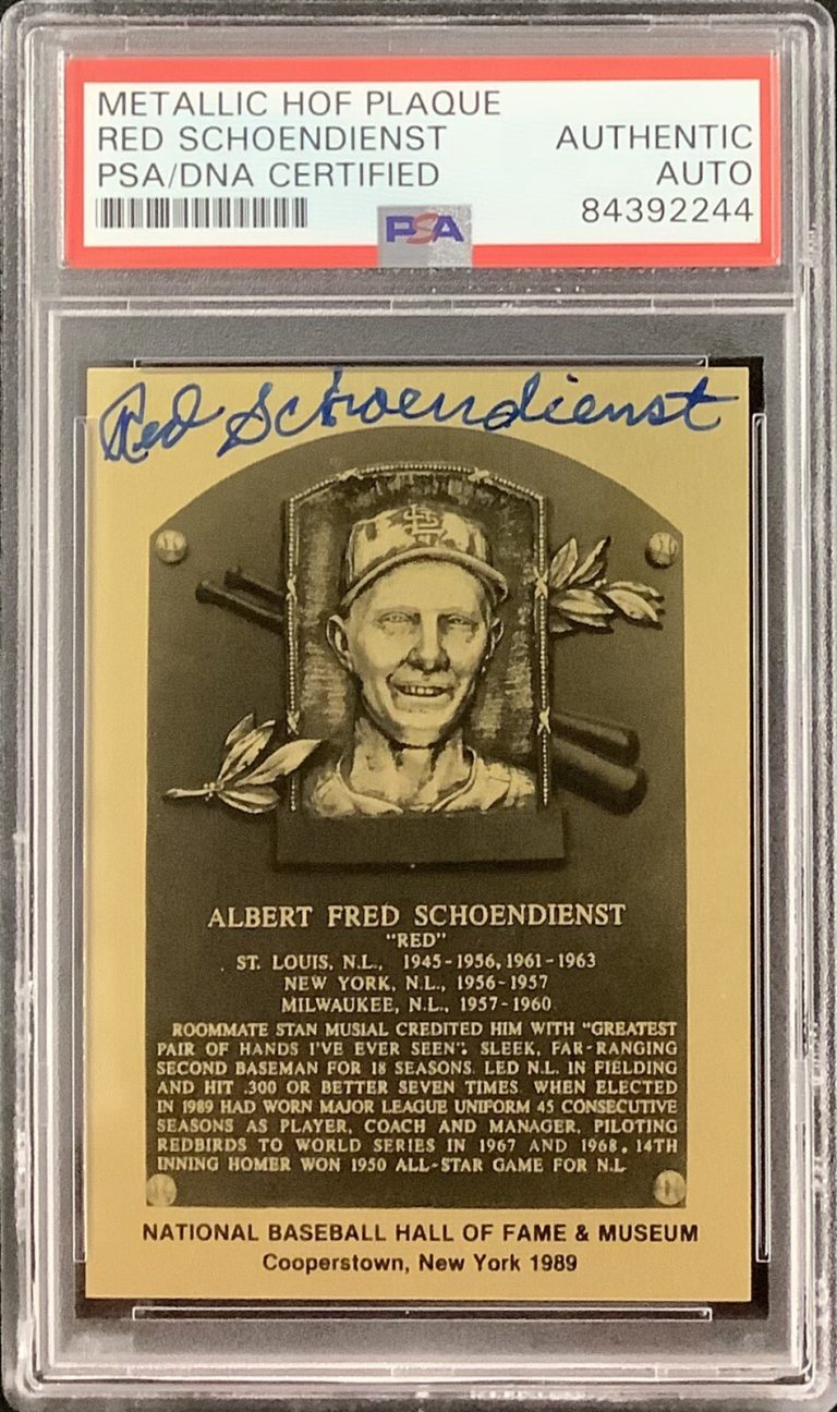 Red Schoendienst Signed Gold Mini Metallic Plaque 1989 HOF Auto Cardinal PSA/DNA