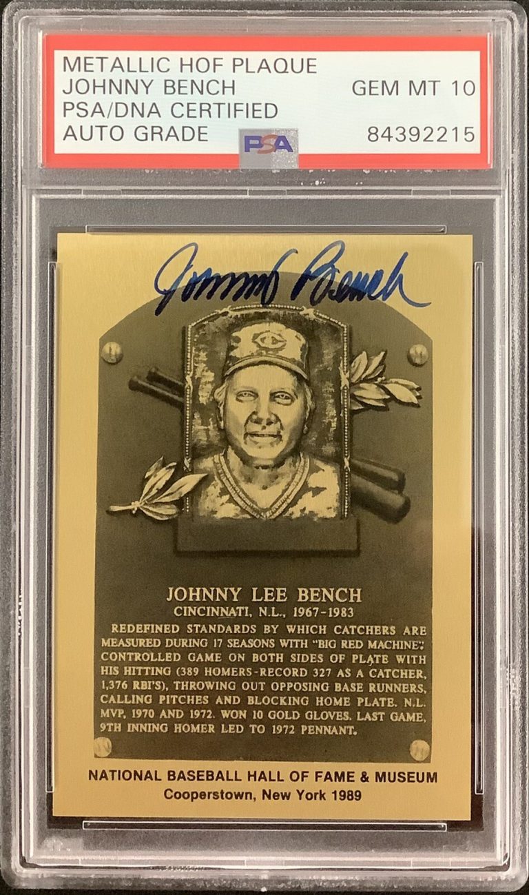 Johnny Bench Signed Gold Mini Metallic Plaque 1989 HOF Reds PSA/DNA Autograph 10