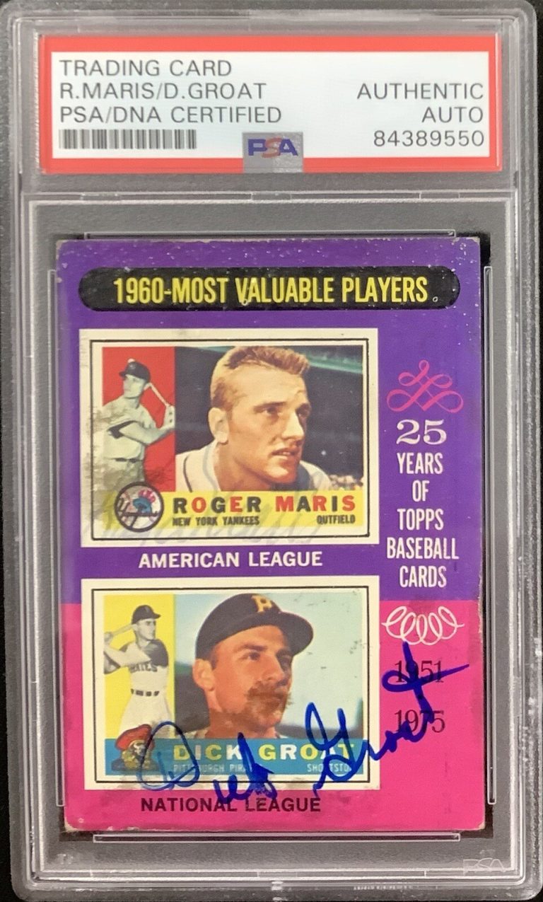 Roger Maris Signed 1975 Topps #198 NYY Baseball Card Dick Groat Auto GG PSA/DNA