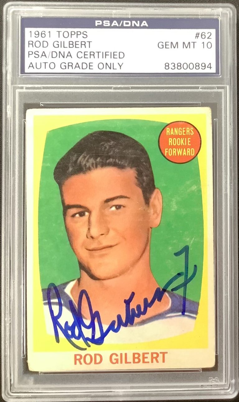 Rod Gilbert Signed 1961-62 Topps #62 Rookie Card NY Rangers PSA/DNA HOF AUTO 10
