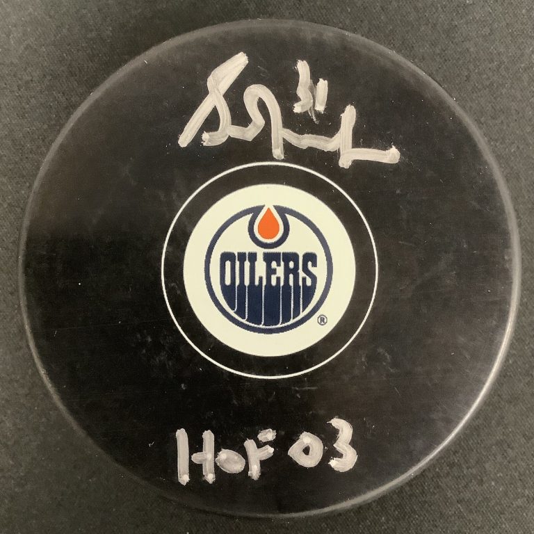 Grant Fuhr Signed Puck Edmonton Oilers Hockey Auto HOF 03 Inscription PSA/DNA #1