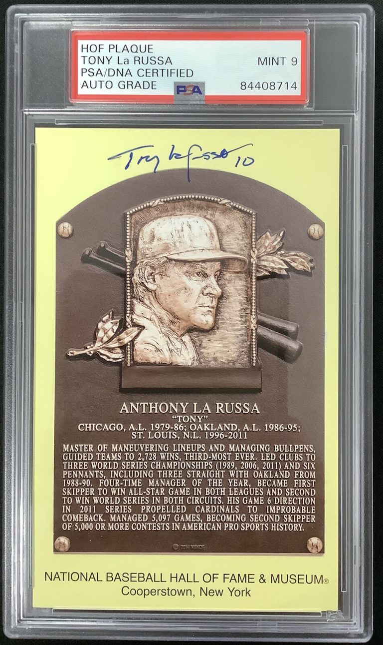 Tony LaRussa Signed Gold HOF Plaque Postcard Athletics Autograph PSA/DNA MINT 9