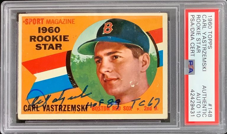 Carl Yastrzemski Signed 1960 Topps #148 Rookie HOF 89 TC67 Inscr PSA/DNA Auto 10
