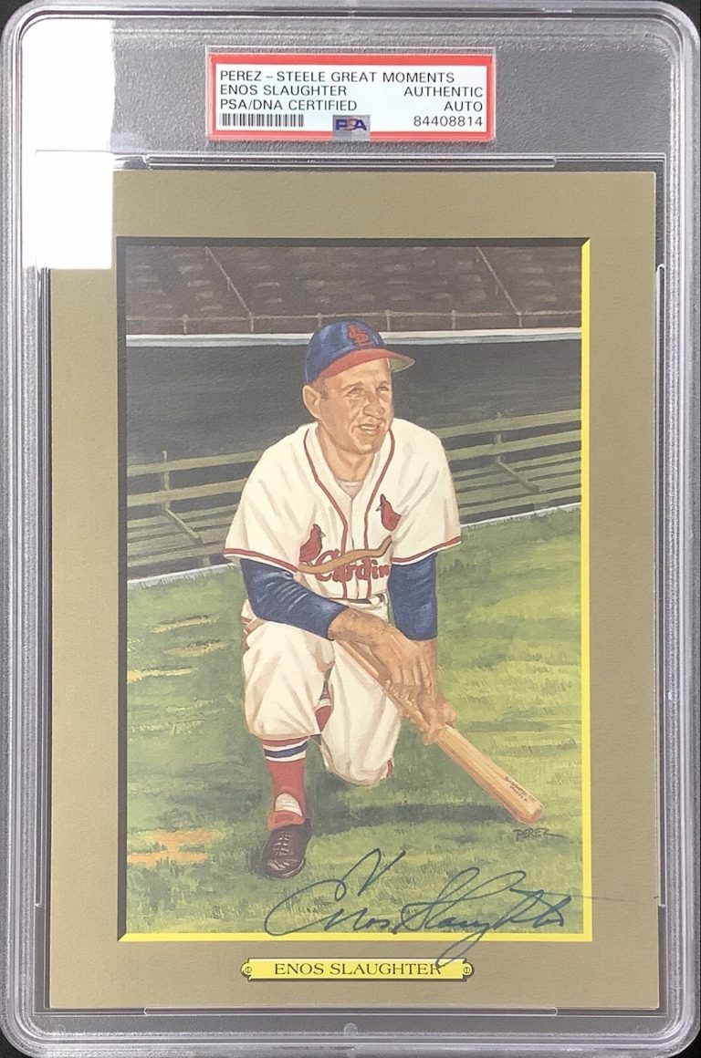 Enos Slaughter Signed Perez Steele Great Moments Postcard Cardinals Auto PSA/DNA