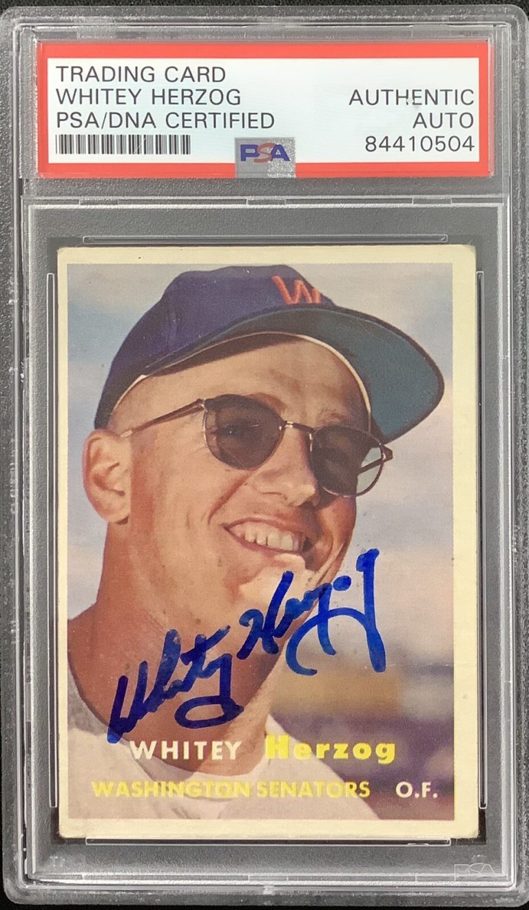 Whitey Herzog Signed 1957 Topps #29 Baseball Card Senators Autograph HOF PSA/DNA