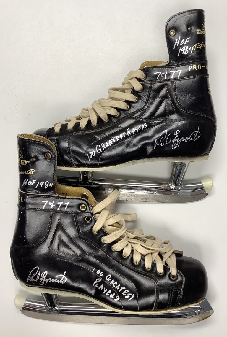 Phil Esposito Signed Pair of Ice Skates 10 Hockey Blackhawks HOF Auto Stats JSA