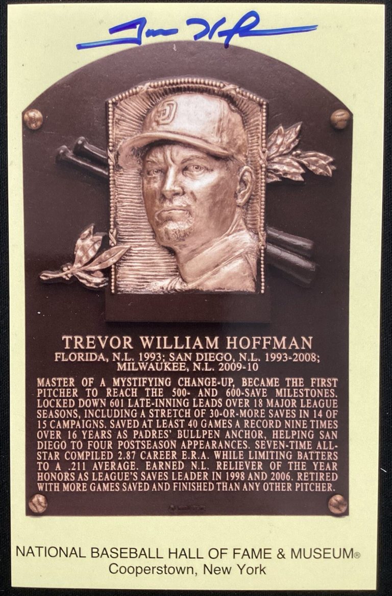 Trevor Hoffman Signed Gold HOF Plaque Postcard Yellow Autograph Padres HOF JSA 1