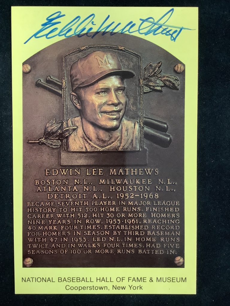 Eddie Mathews Signed Gold HOF Plaque Postcard Yellow Braves Autograph JSA