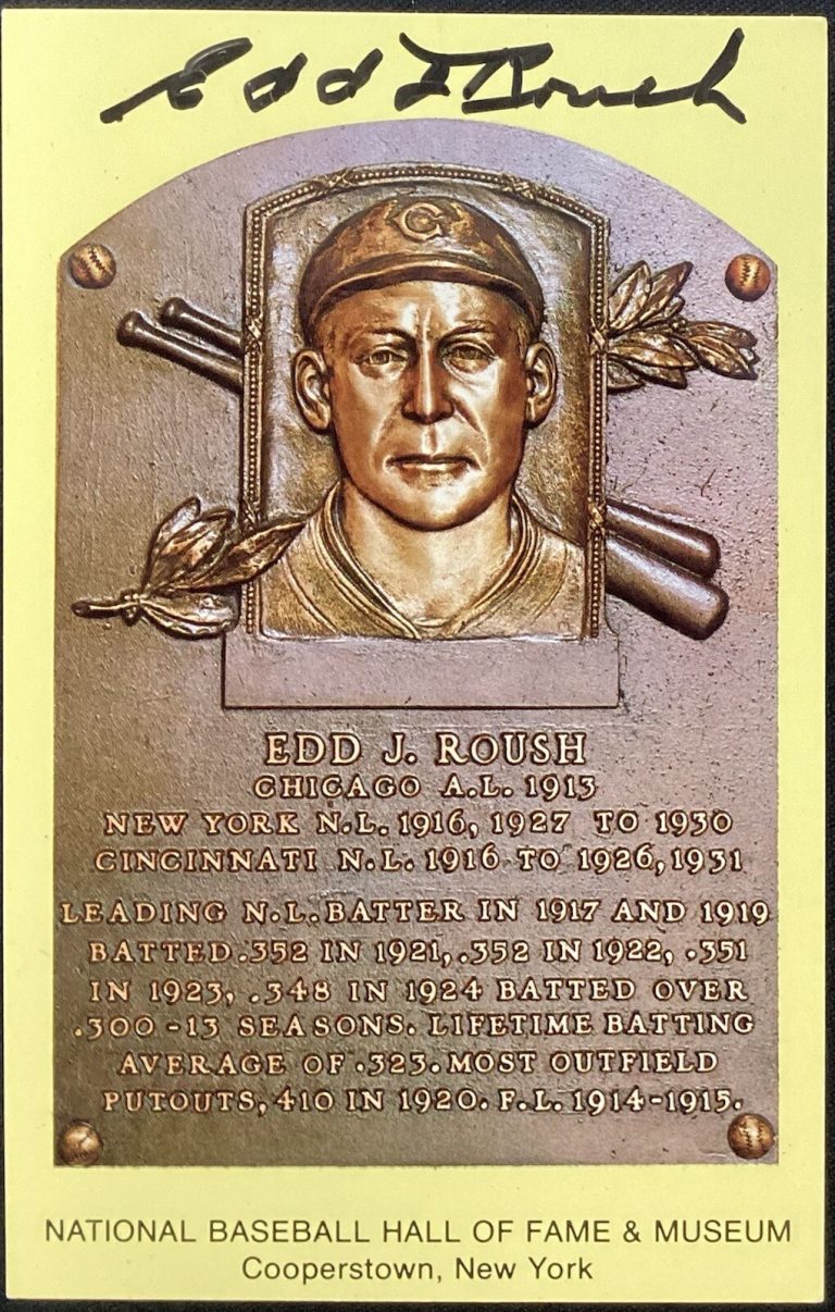 Edd Roush Signed Gold HOF Plaque Postcard Yellow Cincinnati Reds Autograph JSA