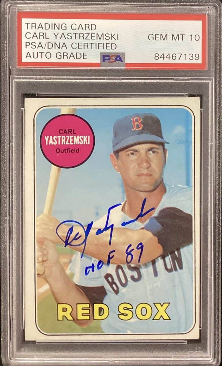 Carl Yastrzemski Signed 1969 Topps #130 Red Sox HOF 89 Inscr PSA/DNA Auto Gem 10